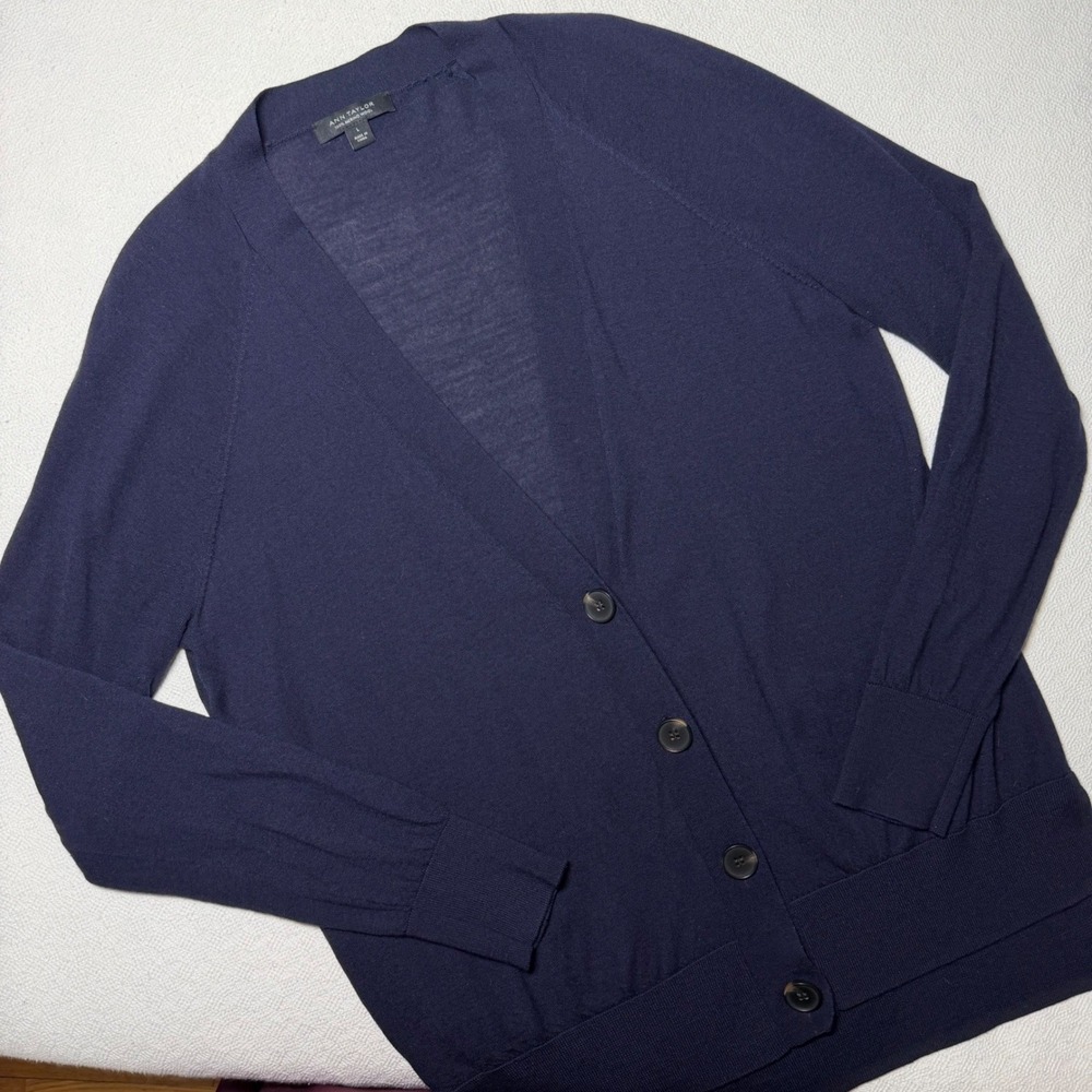 Ann Taylor Navy Blue 100% Merino Wool V-Neck Cardigan Sweater Large Academia